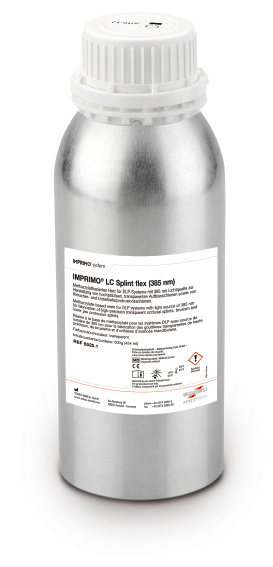 IMPRIMO® LC Splint flex, DLP / 385 nm, bottle 500 g, transparent, 3D printing, resin, product image, catalogue