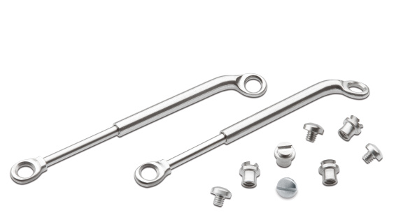 Hinge system acc. to Herbst, set: 1 pair of hinges and 4 pairs of fastening elements with slotted screws, orthodontics, product image, catalogue